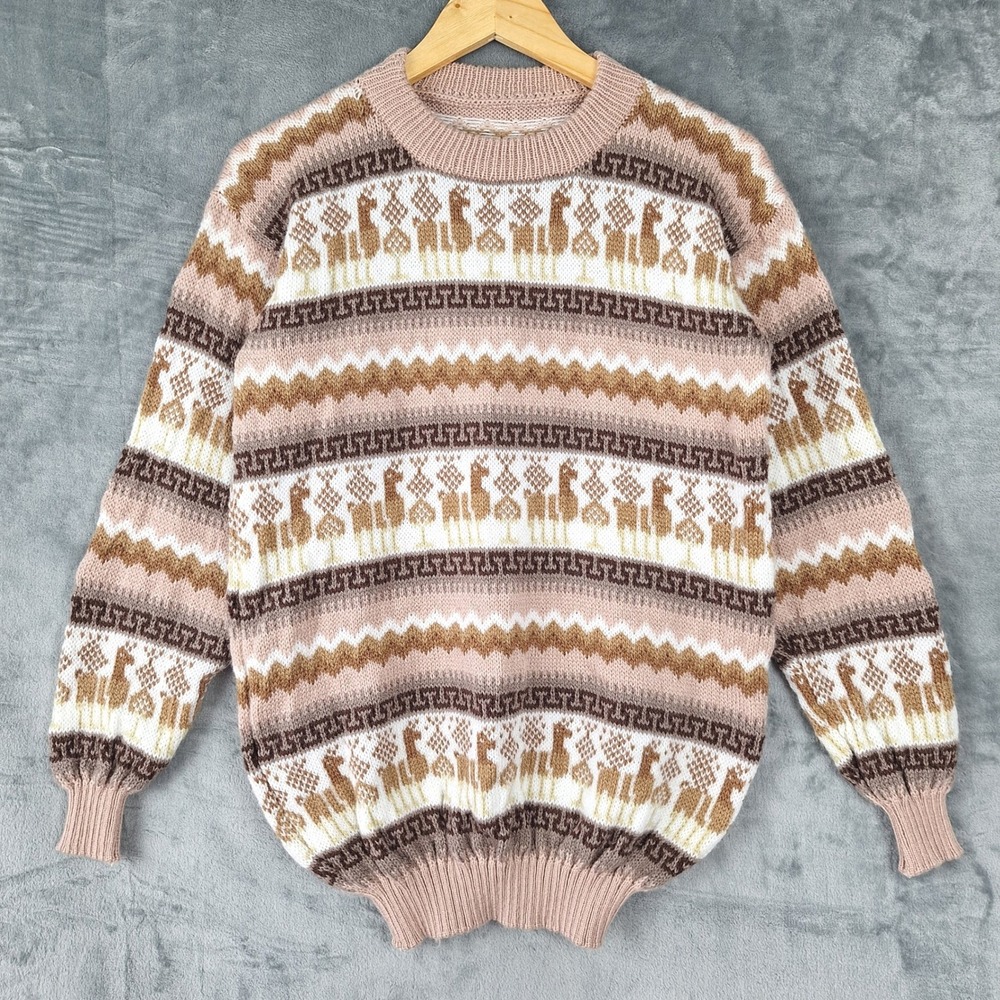 Mens Sweater Medium Alpaca Llama Grandpa Dad Pullover Cozy Knit Fair Isle Andean